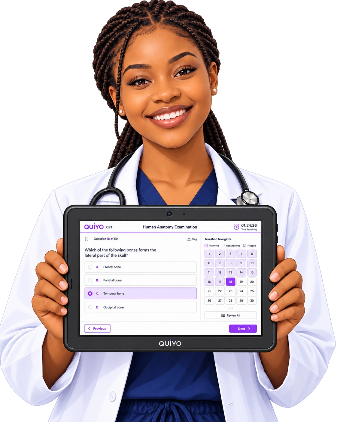 Clinician holding the Quiyo Device concept showing assessment screen integration