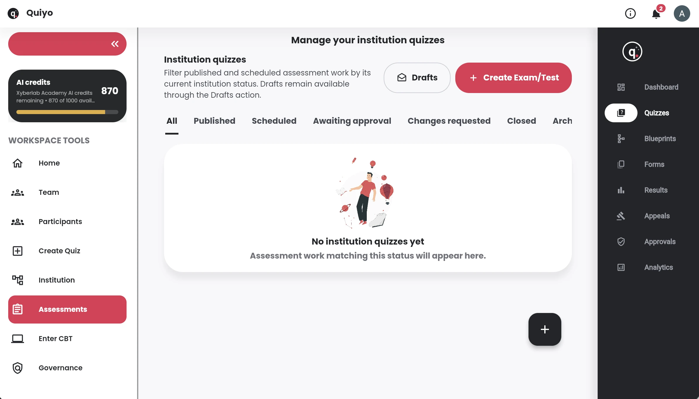 Related Quiyo interface for Assessment blueprints