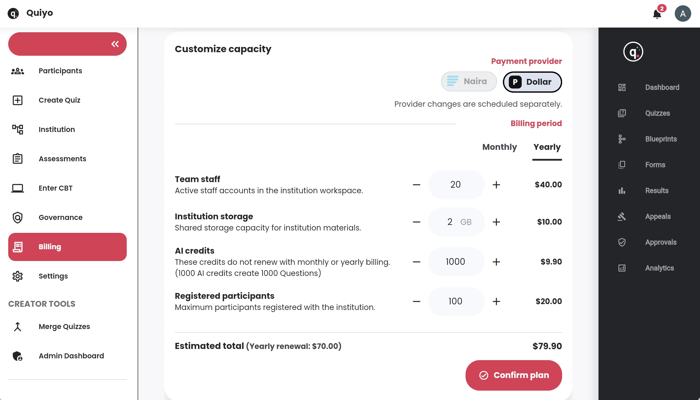 Quiyo interface for Institution plans, capacity and AI usage