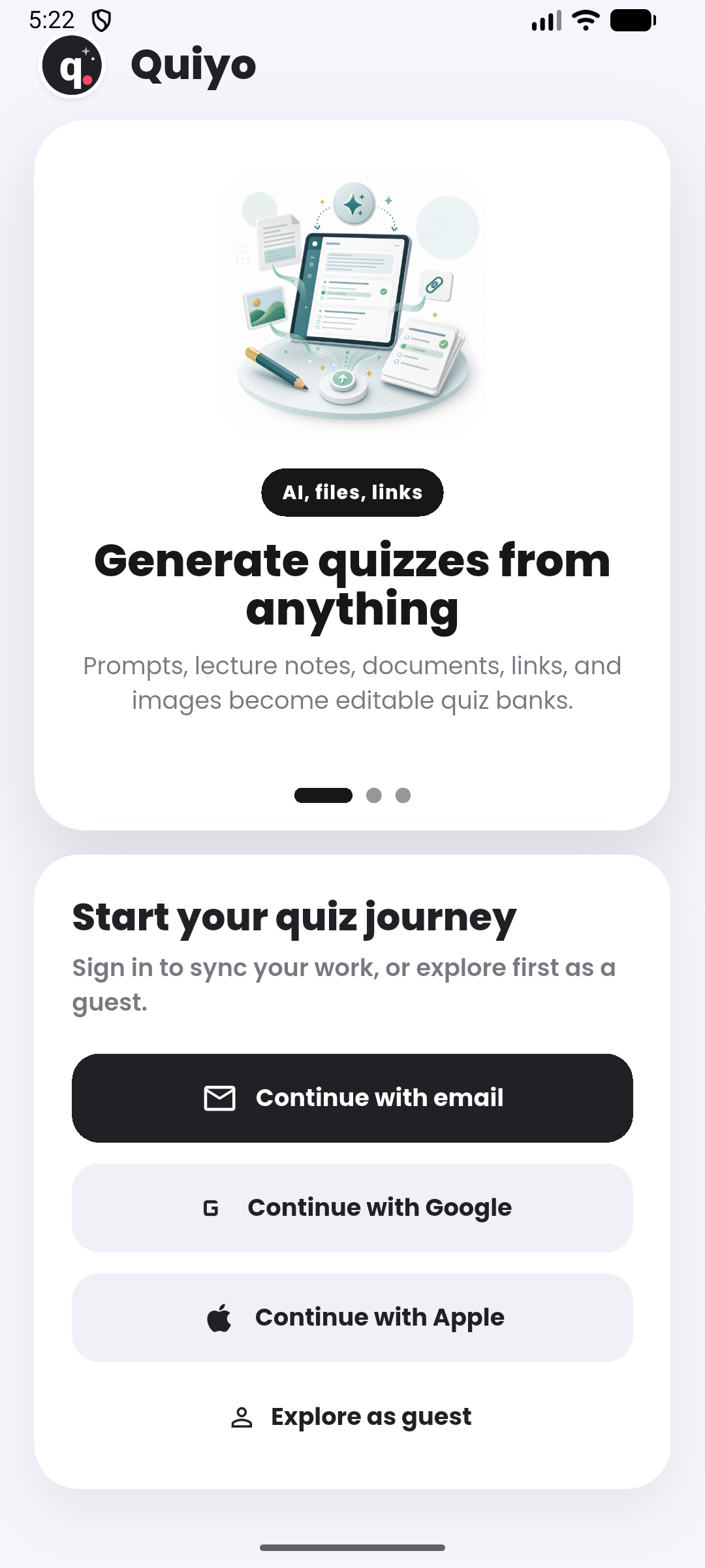 A welcoming start in the Quiyo mobile app.