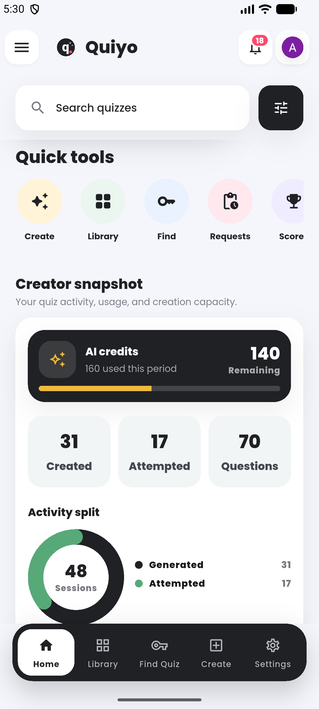 Account snapshot in the Quiyo mobile app.