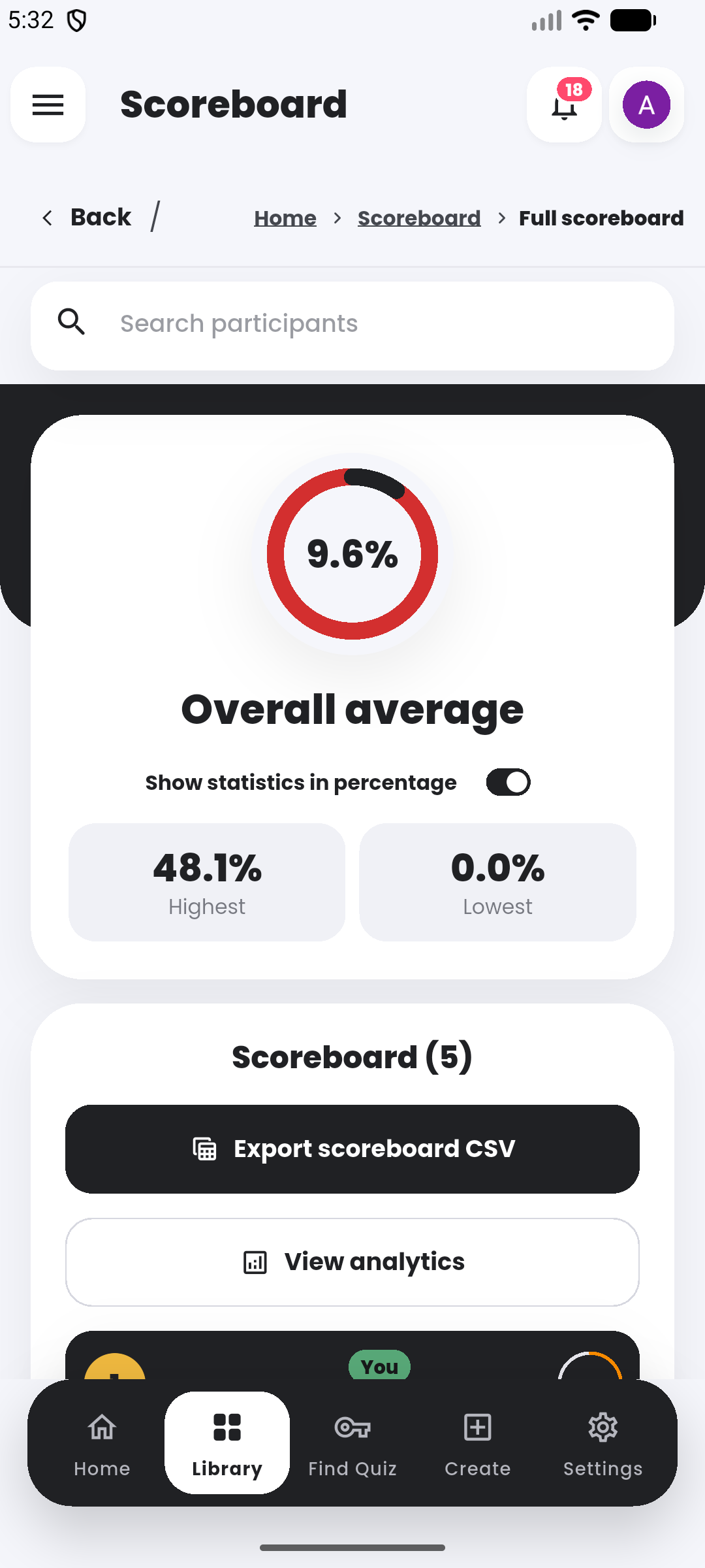 Full scoreboard in the Quiyo mobile app.