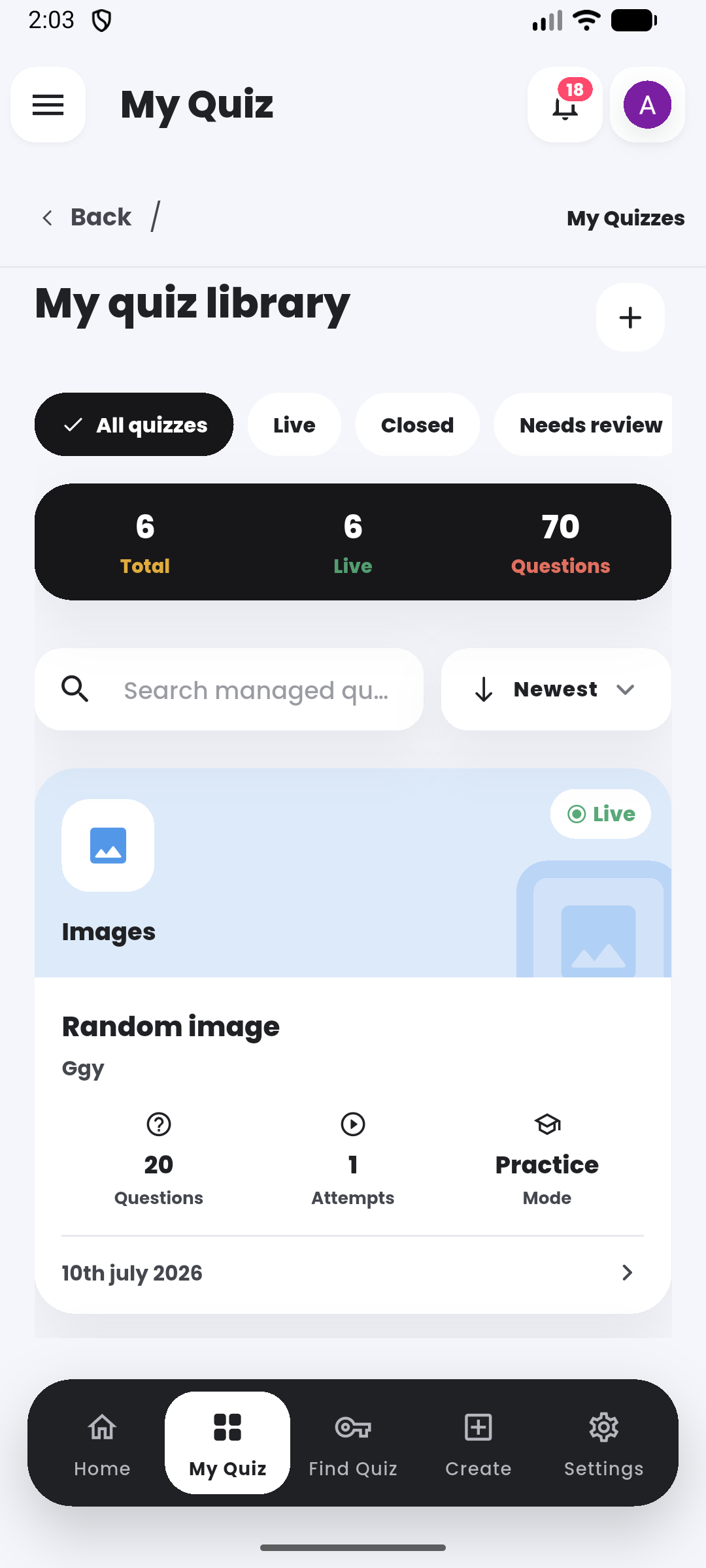 Library overview in the Quiyo mobile app.