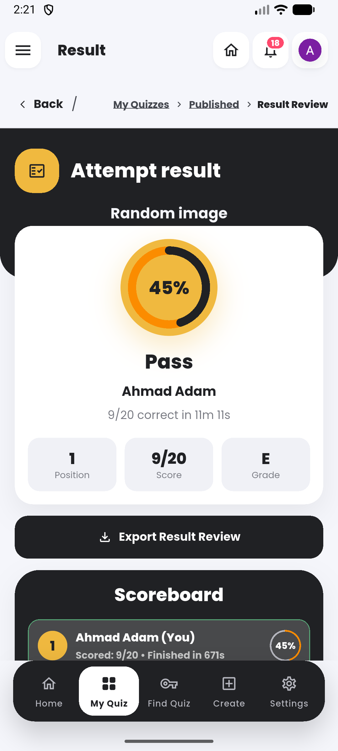 Result overview in the Quiyo mobile app.