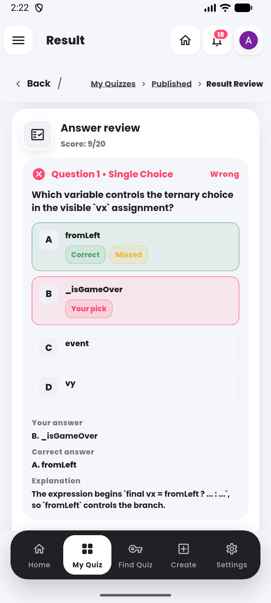 Question-level detail in the Quiyo mobile app.
