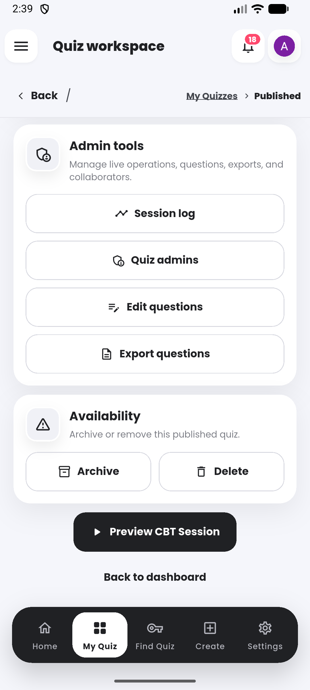 Admin tools in the Quiyo mobile app.