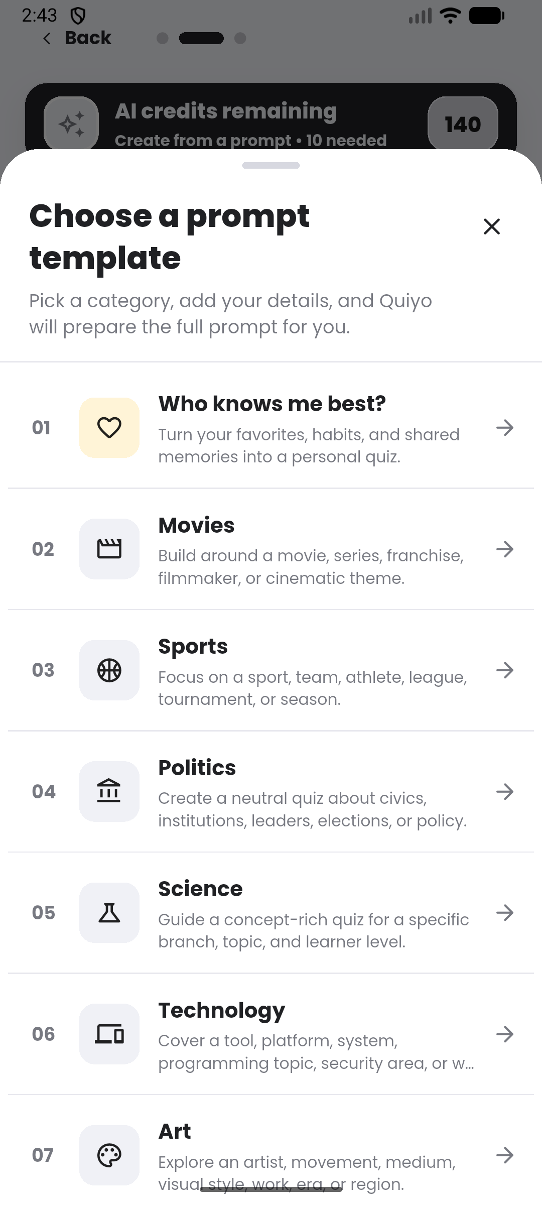 Prompt template library in the Quiyo mobile app.