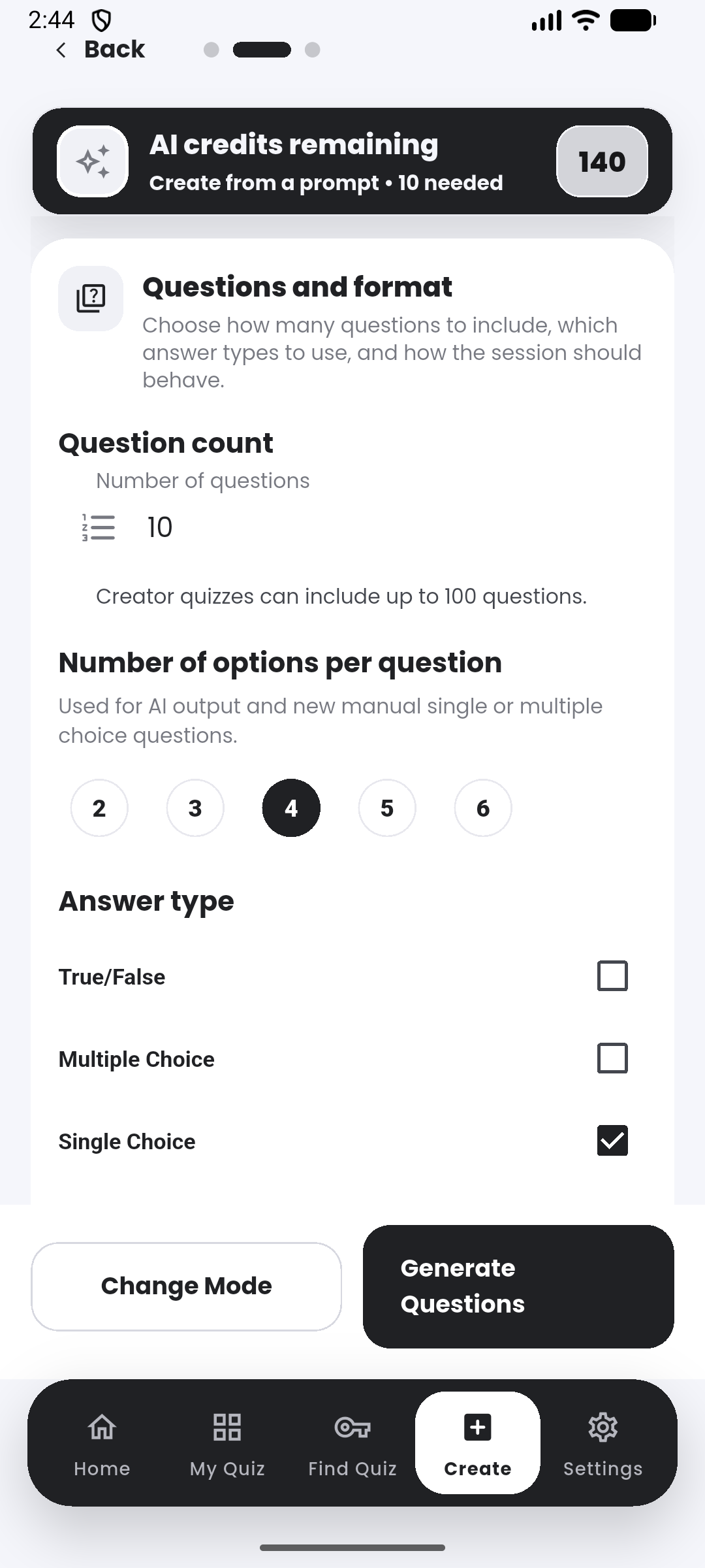 Question format in the Quiyo mobile app.