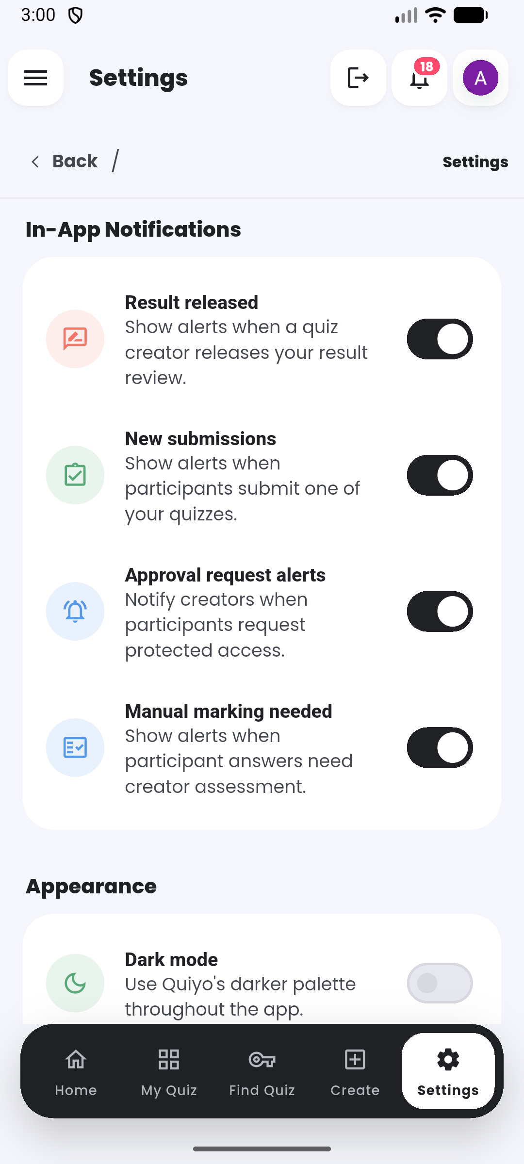 Notification preferences in the Quiyo mobile app.