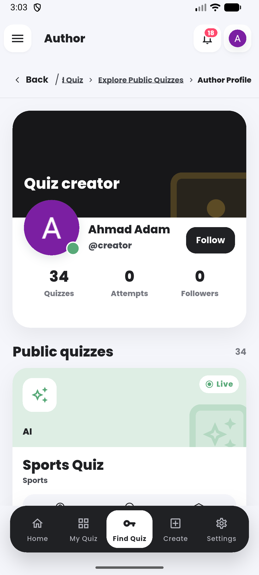Quiz author pages in the Quiyo mobile app.