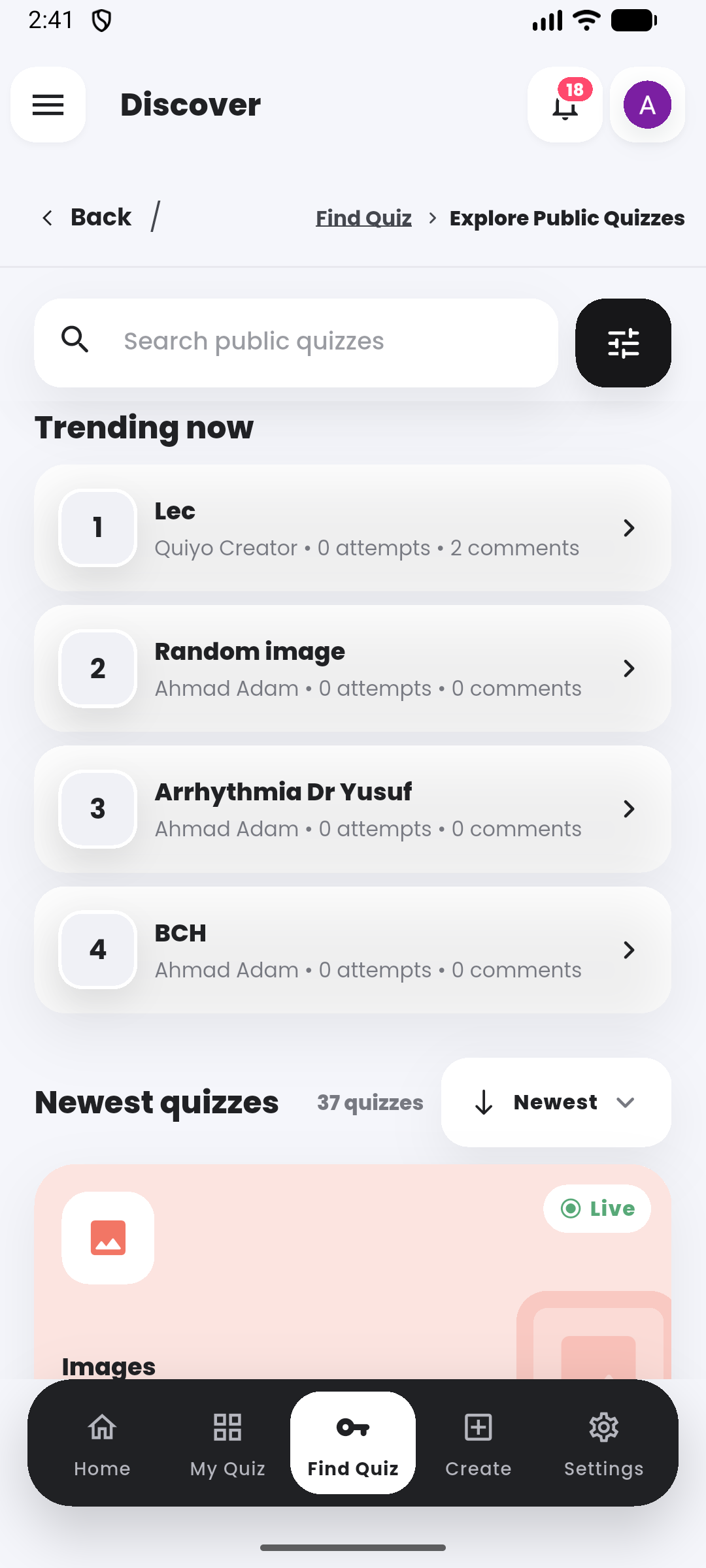 Quiyo mobile home screen showing the Command center feature grid and public quiz discovery.